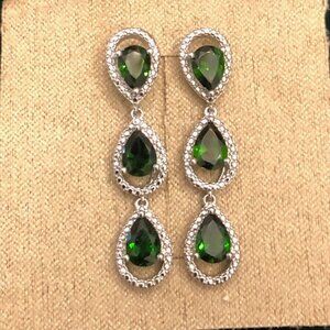 Pear Shape Russian Chrome Diopside Sterling Silver  3-stone Dangle Earrings